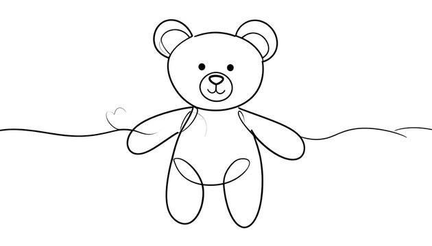 Line drawing of a teddy bear, outlined in black, isolated on a white background with a continuous line design