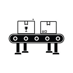 Black and white icon of conveyor belt with two boxes package delivery