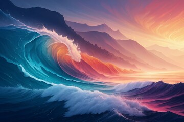Dramatic ocean wave crashing against mountains at sunset