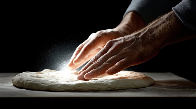 Male hands kneading dough in dim light for artisan baking process