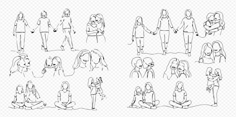 Continuous line art illustrations depicting various interactions and relationships among women and girls, showcasing friendship, family bonds, and companionship.