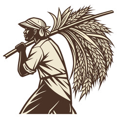 Farmer carrying a large bundle of wheat stalks over his shoulder in a stylized illustration