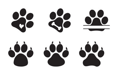Paw print set dog or cat pet animal footprints vector icons with heart bone and banner