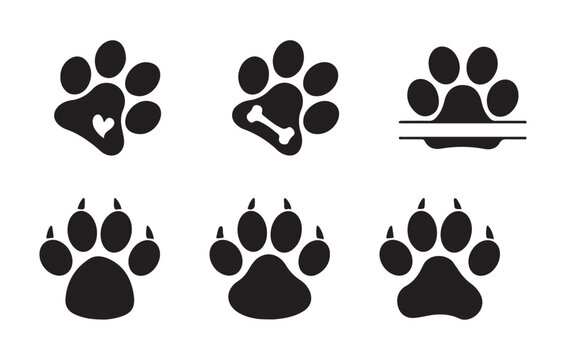 Paw print set dog or cat pet animal footprints vector icons with heart bone and banner