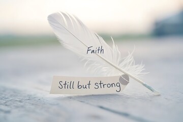 A single white feather balancing upright with a message of faith