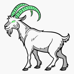 Stylized white mountain goat with bright green eyes and curved horns standing on white background
