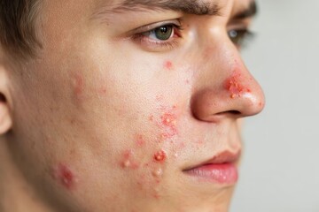 Close up of a person with skin problems and acne affecting the face and nose area showing redness and irritation