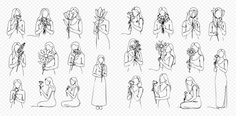Minimalist line art collection of women holding various flowers in different poses.