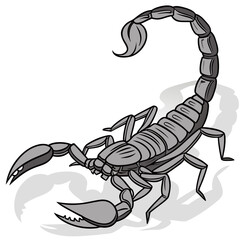 Stylized illustration of a menacing grey scorpion with pincers and a curved tail on a white background