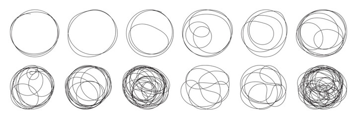 Pencil hand drawn crayon outline ovals or ellipses set. Highlight oval rough sketch circle emphasis elements. Vector marker circular lines. Messy circular vector image. Abstract scribble Round Line.