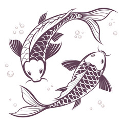 Two stylized koi fish swimming in a circular pattern with small bubbles on a white background
