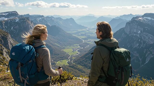 Couple of hikers standing on a mountain peak pointing at a scenic valley below for adventure travel concept and majestic landscape view