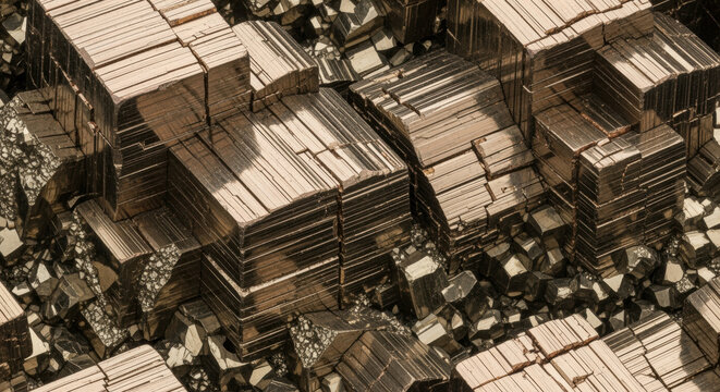 Metallic gold pyrite mineral cubes in geometric crystal formations with intricate textures and reflective surfaces