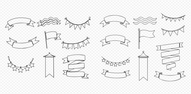 A collection of hand-drawn doodle style banners, ribbons, flags, and pennants for decoration and design elements.