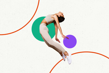 Full 3d pop trend collage of happy vintage girl pilates coach hold fitness ball sportive lifestyle gym exercise training