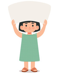 Cute girl holding a blank sign above her head. Perfect for promotions, announcements, invitations, campaigns, and any design needing friendly, positive copy space.