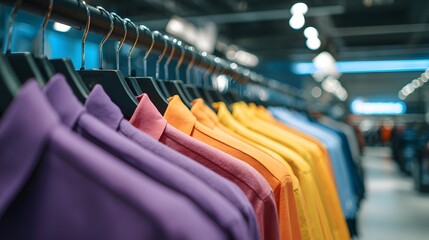 Colorful shirts on hangers in a clothing store.