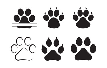 Set of six paw print icons with various styles including outline and split designs vector