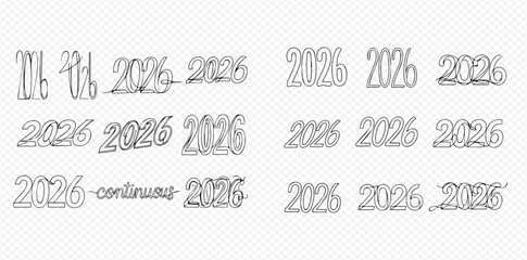 Set of hand-drawn and decorative numbers '2026' and '26' with 'continuous' text in multiple unique styles.