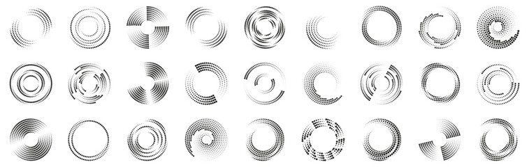 Circular dotted shapes form a clean abstract collection. Each element shows a simple radial motion effect. The set offers minimal style for technical and modern themes
