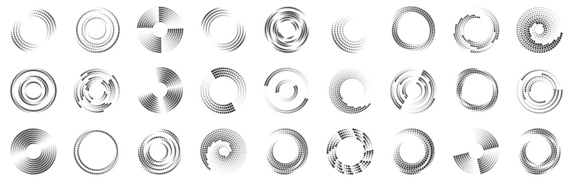 Circular dotted shapes form a clean abstract collection. Each element shows a simple radial motion effect. The set offers minimal style for technical and modern themes