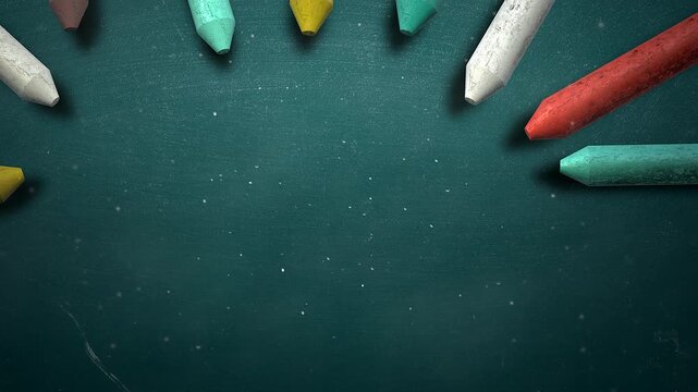 multiple bright chalk sticks organized on weathered teal board for creativity
