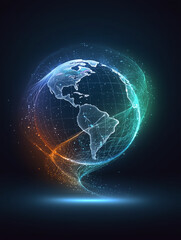 デジタルなワイヤーフレーム地球儀と光のウェーブ背景