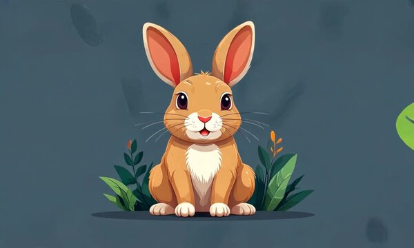 Animated Easter bunny playfully hopping among lush green plants