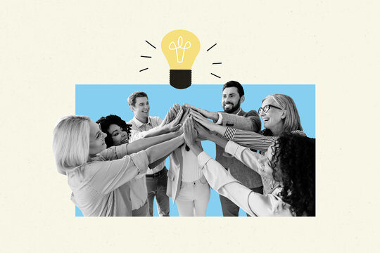 Template sketch image composite artwork collage of puzzle decision logic eureka genius team man lady colleagues success hold hand highfive