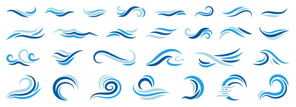 Wave elements create a soft flowing collection with layered blue tones. Each form shows gentle movement and clean curves. This artwork suits water themes