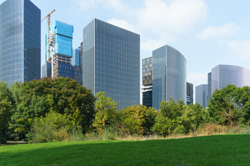 Obraz premium City skyline: modern towers, green lawn