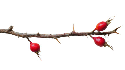A dry branch with sharp thorns and red berries isolated on a white background, a wild rose hip twig, a natural autumn plant close-up, a medicinal herb fruit, a prickly nature object.