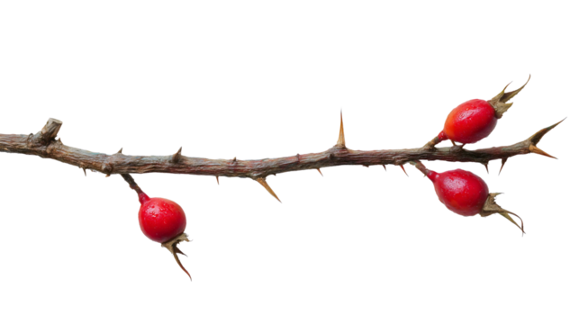A dry branch with sharp thorns and red berries isolated on a white background, a wild rose hip twig, a natural autumn plant close-up, a medicinal herb fruit, a prickly nature object.