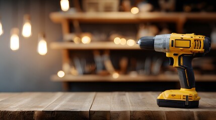 Cordless Drill on Wooden Table with Blurred Background.