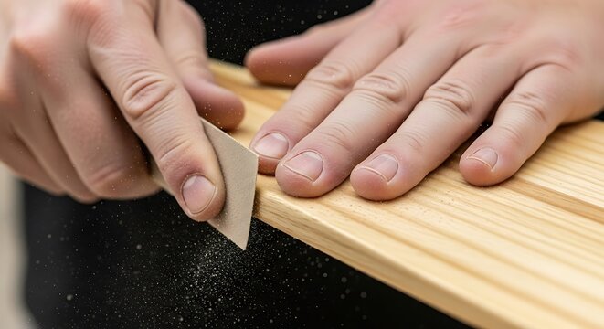 Artisan hands skillfully refining wood surface with abrasive sandpaper