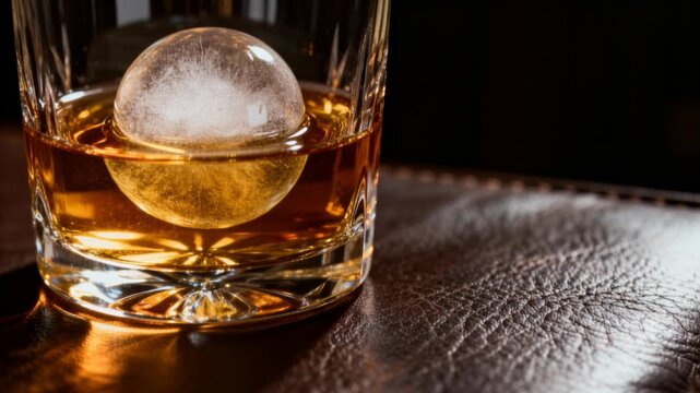Close-up of a glass of whiskey featuring a large spherical ice cube, placed on a textured leather surface. Warm ambient lighting creates a cozy and elegant atmosphere.