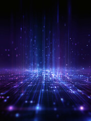 未来的な光の柱とデジタルグリッドの抽象的背景