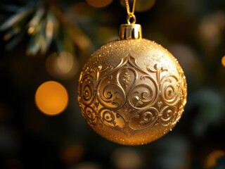 Glittering gold christmas ornament hanging on a festive tree