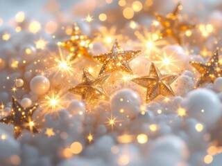 Golden glitter stars and magical bokeh lights in festive setting