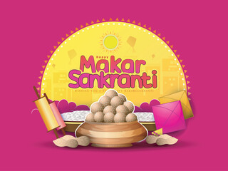 vector illustration of Happy Makar Sankranti background with colorful kites,sweets and hand lettring. 