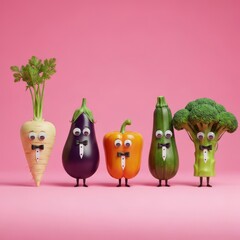 Well-dressed vegetables in tuxedos with googly eyes on pink