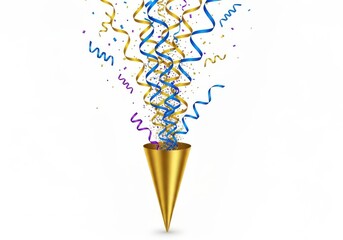 Golden party popper with colorful confetti and streamers burst