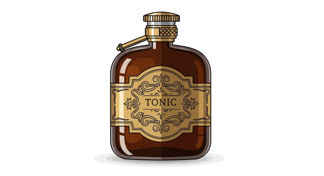 Vintage Tonic Bottle Illustration with Ornate Label and Golden Accents.
