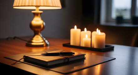 Cozy workspace with lamp, journal, pen, and candles creating a warm and inviting ambiance.