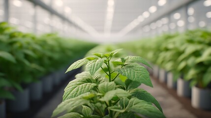 A vibrant green plant stands in focus among rows of lush vegetation in a spacious greenhouse, showcasing growth and agriculture.