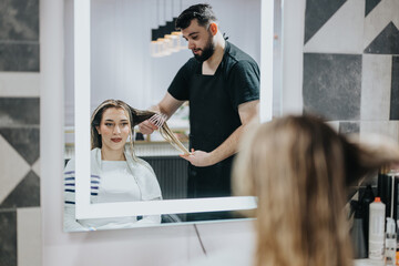 A young woman sits in a bright, contemporary salon while a barber trims her hair, reflected in a...