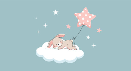 Sweet dreaming bunny on a fluffy cloud, tied to a pink star balloon, surrounded by twinkling stars in a serene pastel sky.