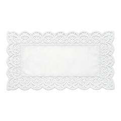 Rectangular white linen placemat featuring intricate scalloped lace border detail isolated on transparent background