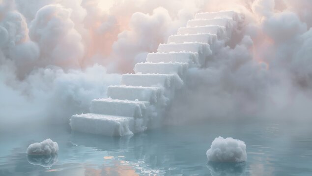 Ethereal stairway to heaven ascending through wispy clouds and soft pastel hues