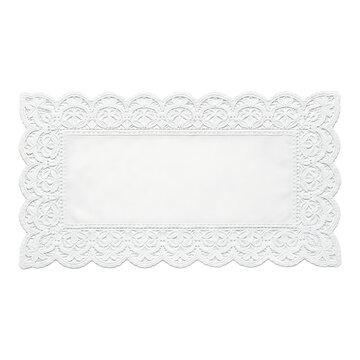 Rectangular white linen placemat featuring intricate scalloped lace border detail isolated on transparent background